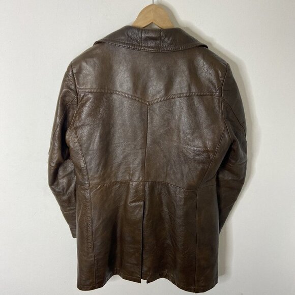 Vintage Rice Sportswear 70s Brown Leather Coat Plaid Lined Hipster Mod Men 44 - Picture 2 of 10